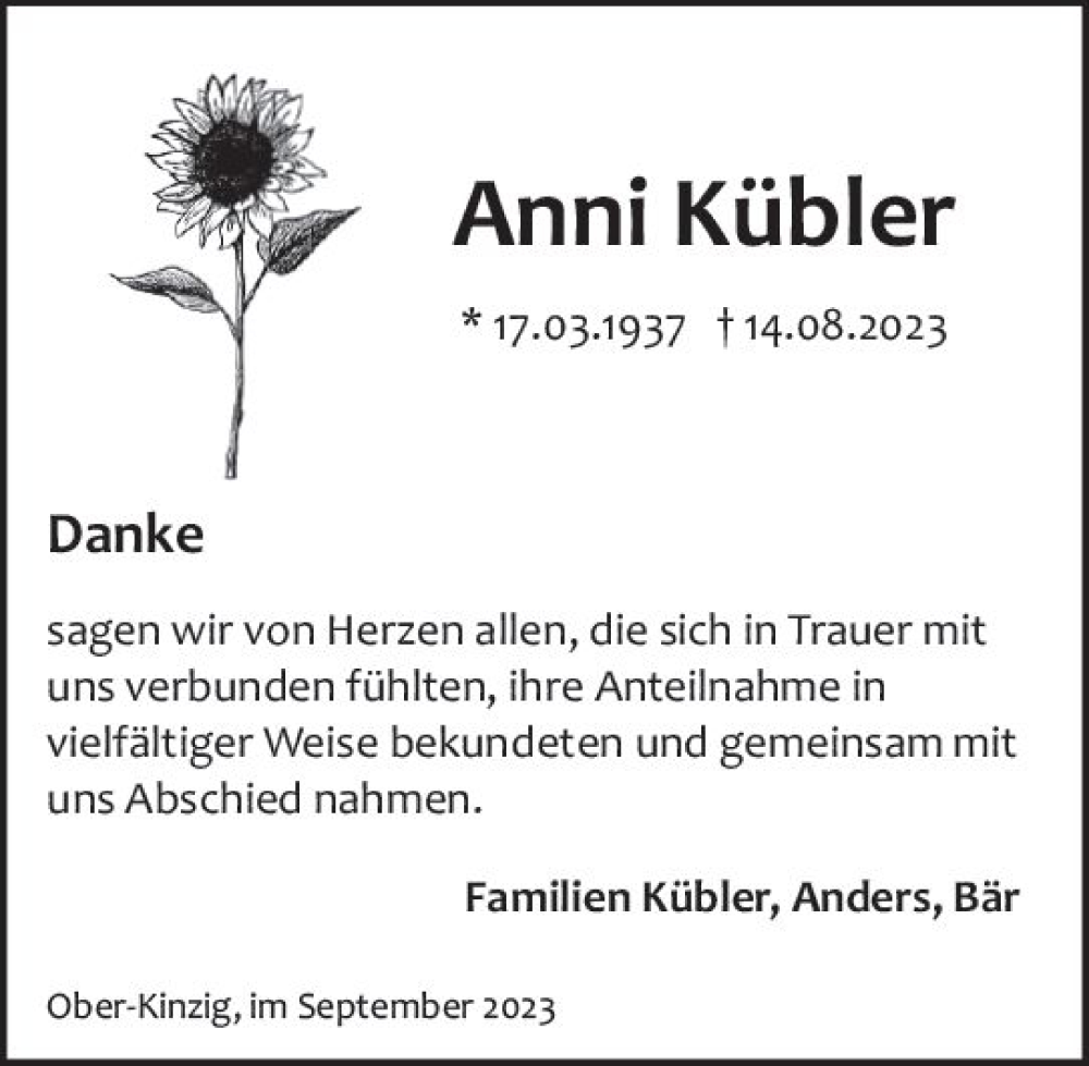  Traueranzeige für Anni Kübler vom 16.09.2023 aus Odenwälder Echo