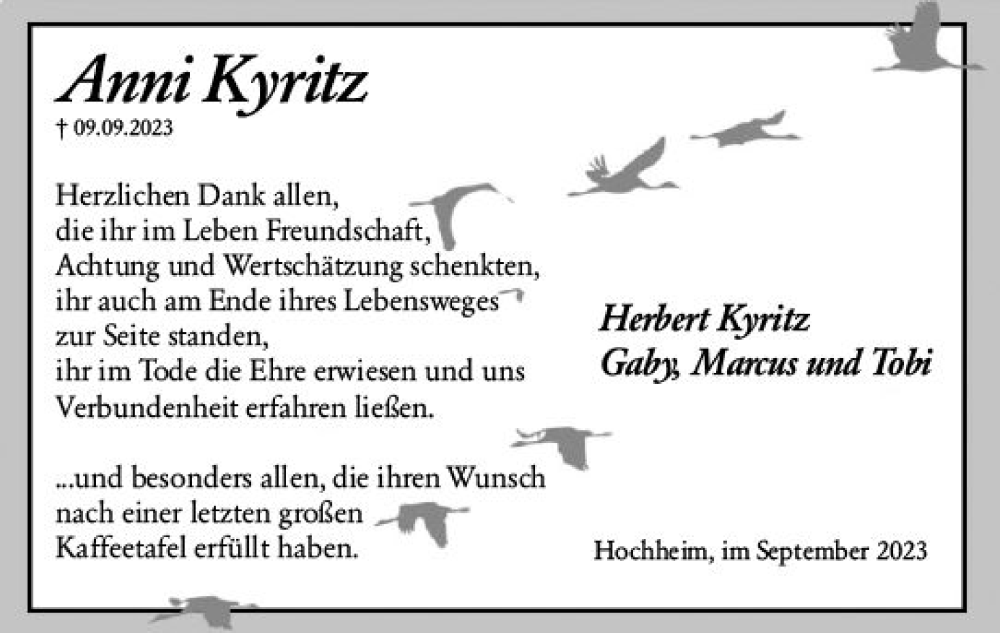  Traueranzeige für Anni Kyritz vom 29.09.2023 aus Hochheimer Zeitung