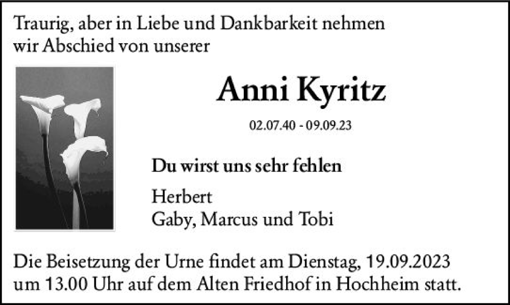  Traueranzeige für Anni Kyritz vom 15.09.2023 aus Hochheimer Zeitung