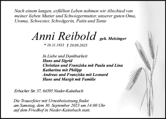 Traueranzeige von Anni Reibold von Odenwälder Echo