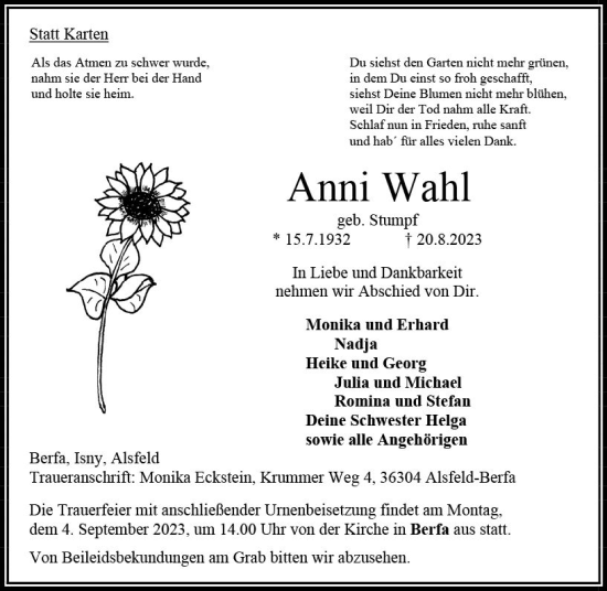 Traueranzeige von Anni Wahl von VRM Trauer