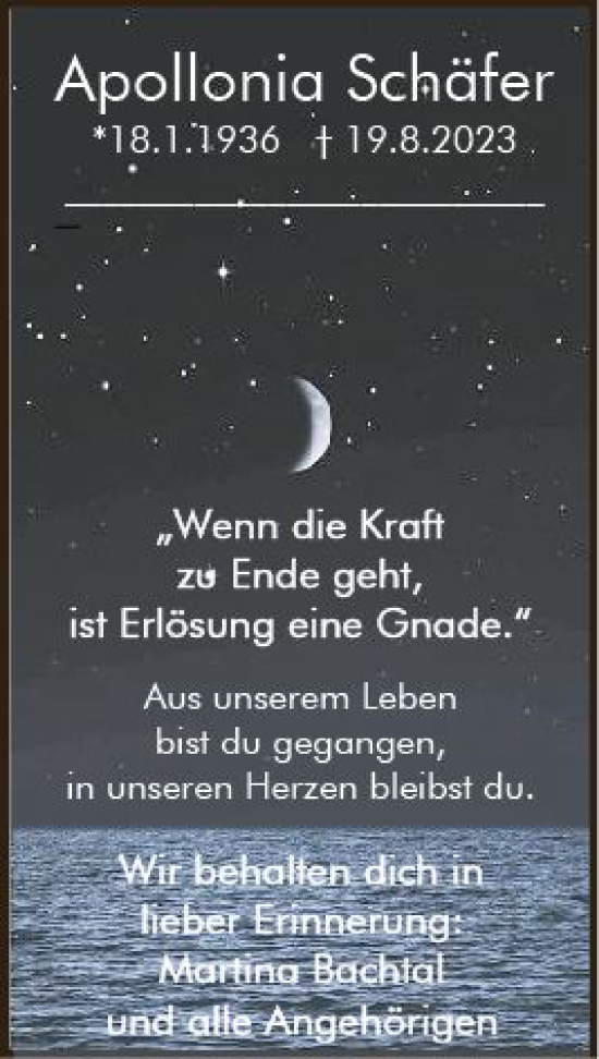 Traueranzeige von Apollonia Schäfer von Darmstädter Echo