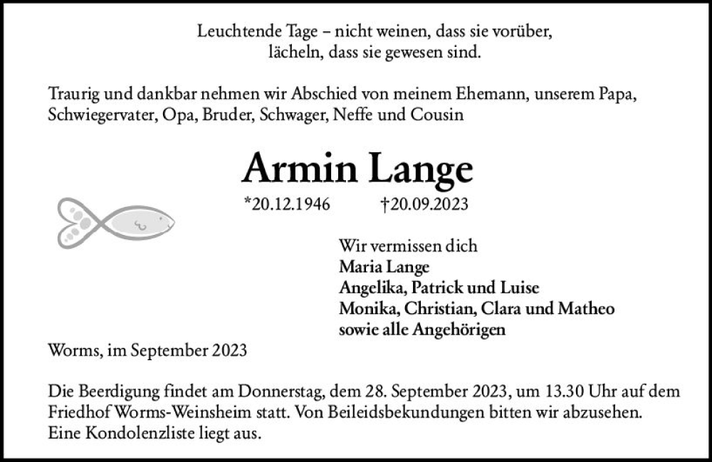  Traueranzeige für Armin Lange vom 26.09.2023 aus Wormser Zeitung