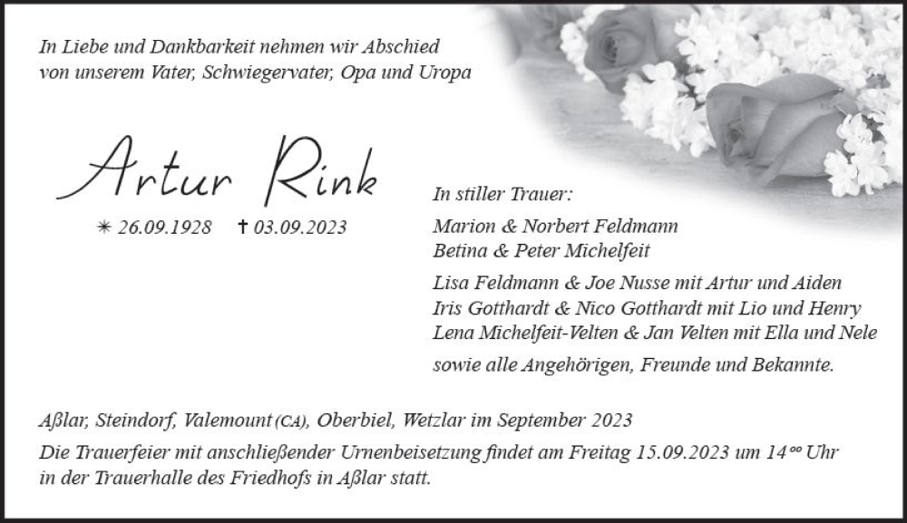  Traueranzeige für Artur Rink vom 12.09.2023 aus Wetzlarer Neue Zeitung