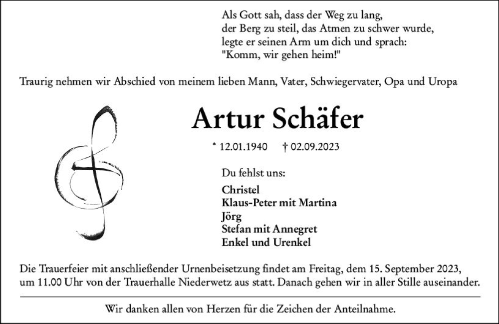  Traueranzeige für Artur Schäfer vom 09.09.2023 aus Wetzlarer Neue Zeitung