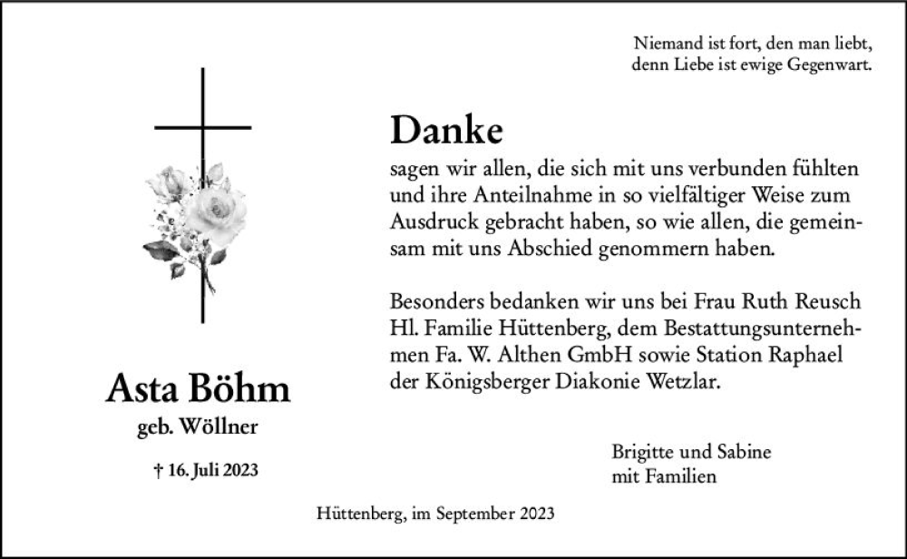  Traueranzeige für Asta Böhm vom 06.09.2023 aus Wetzlarer Neue Zeitung