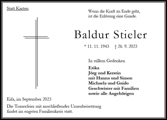Traueranzeige von Baldur Stieler von VRM Trauer