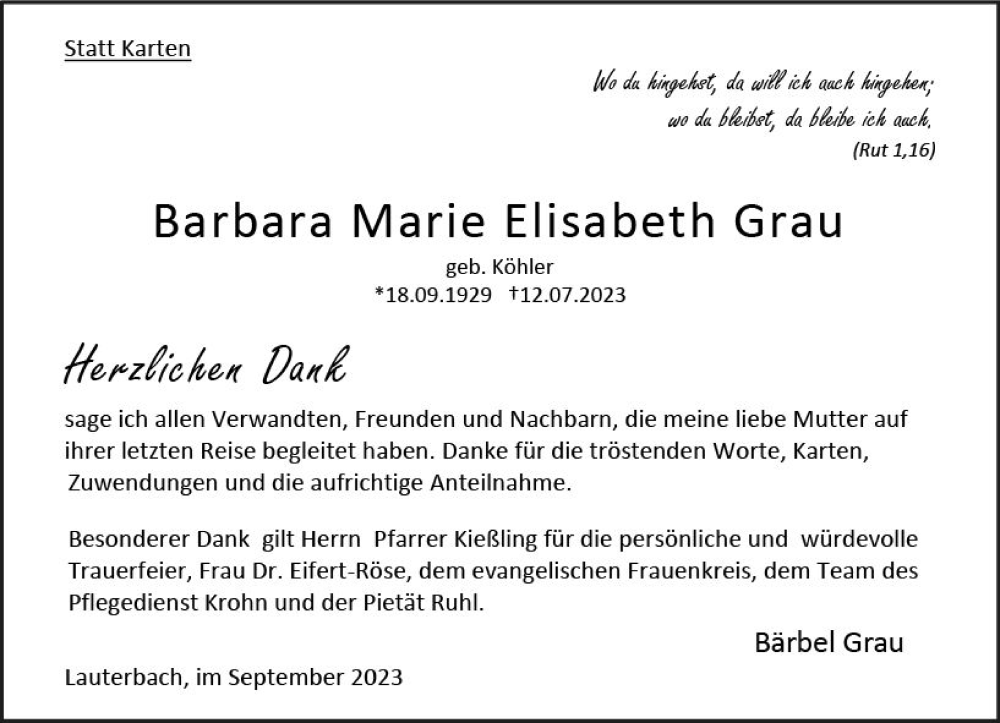  Traueranzeige für Barbara Marie Elisabeth Grau vom 02.09.2023 aus Oberhessen Kurier