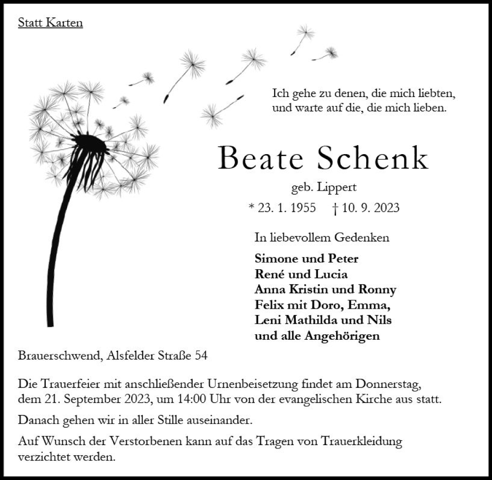  Traueranzeige für Beate Schenk vom 16.09.2023 aus Oberhessen Kurier