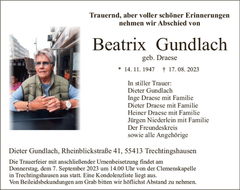  Traueranzeige für Beatrix Gundlach vom 02.09.2023 aus Allgemeine Zeitung Bingen/Ingelheim