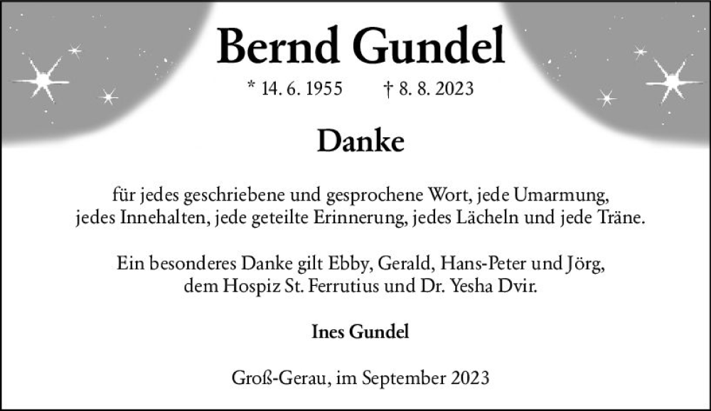  Traueranzeige für Bernd Gundel vom 02.09.2023 aus Groß-Gerauer Echo