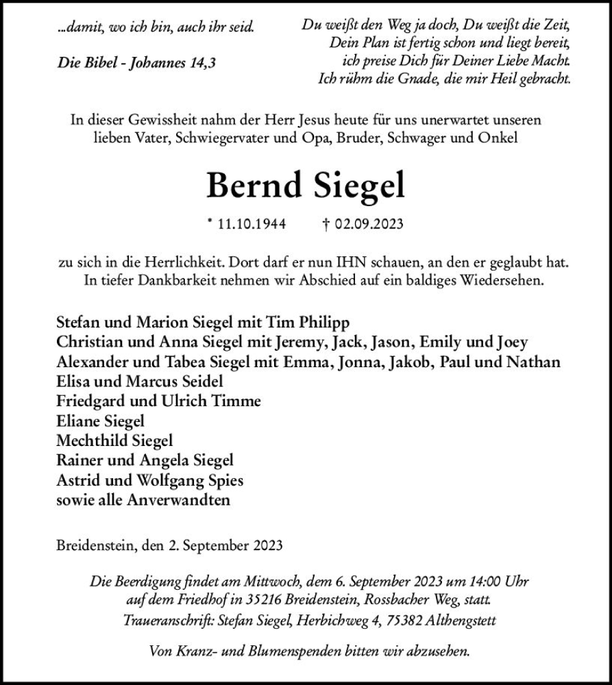  Traueranzeige für Bernd Siegel vom 04.09.2023 aus Hinterländer Anzeiger
