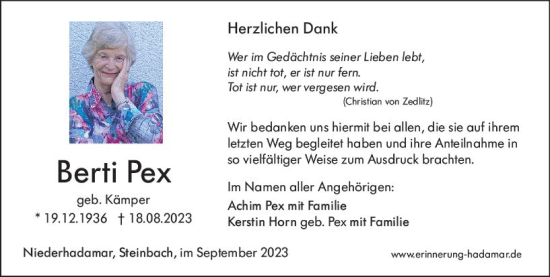 Traueranzeige von Berti Pex von Nassauische Neue Presse