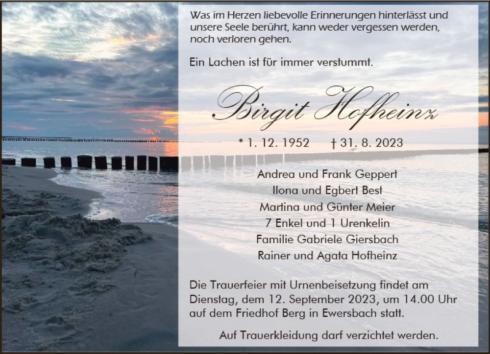  Traueranzeige für Birgit Hofheinz vom 08.09.2023 aus Dill Block