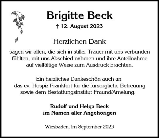 Traueranzeige von Brigitte Beck von Wiesbadener Kurier