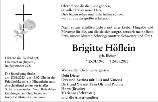 Traueranzeige von Brigitte Höflein von Dill Block