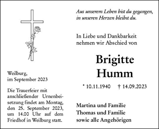 Traueranzeige von Brigitte Humm von Weilburger Tageblatt