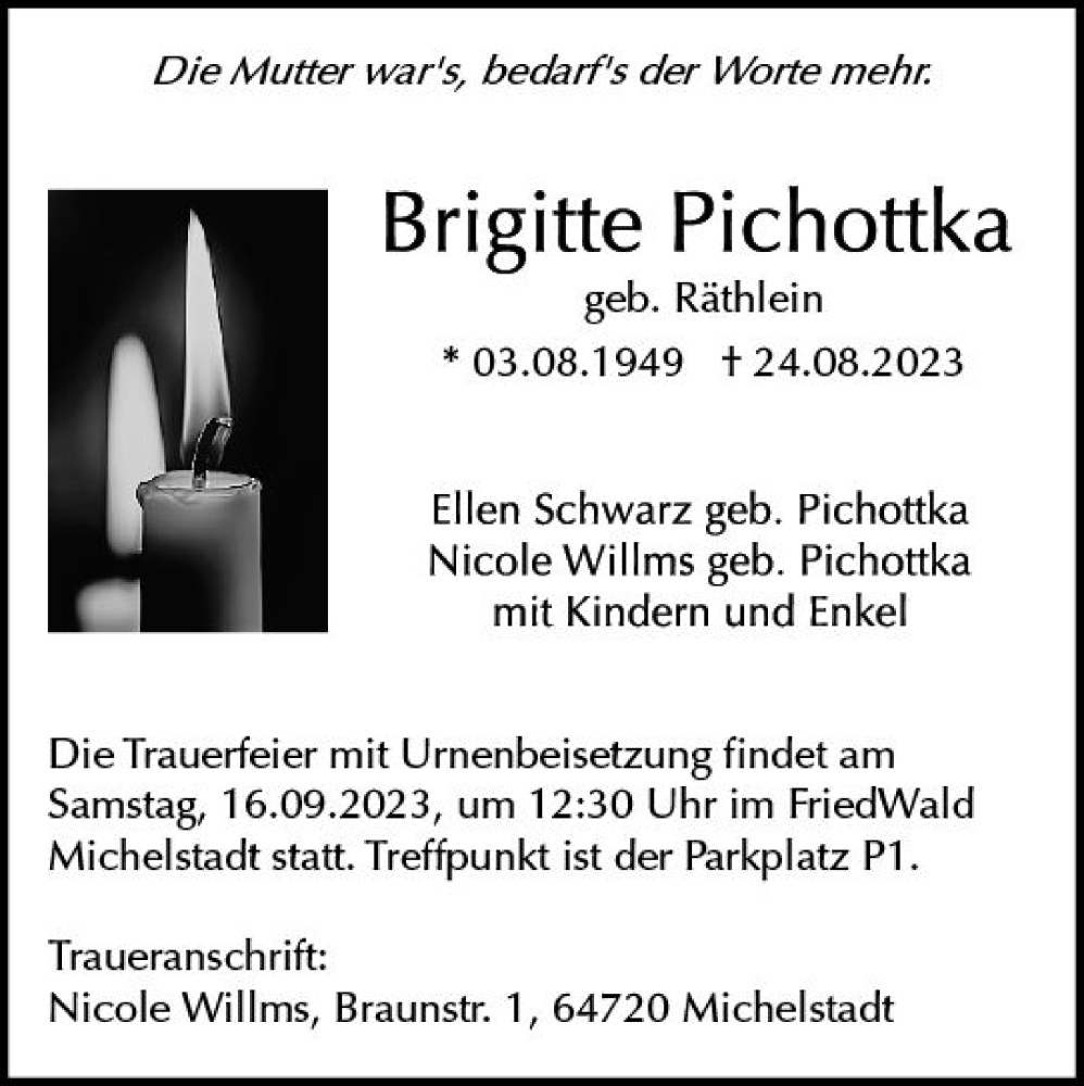  Traueranzeige für Brigitte Pichottka vom 09.09.2023 aus Odenwälder Echo
