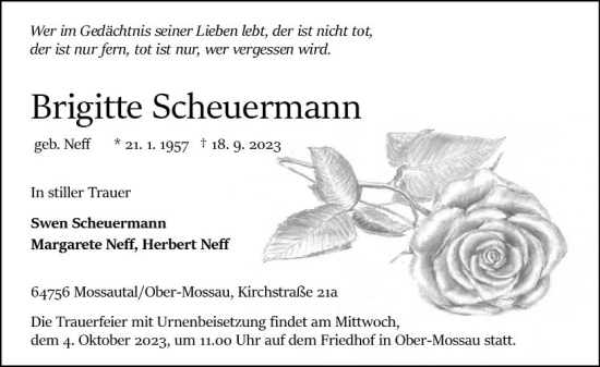 Traueranzeige von Brigitte Scheuermann von Odenwälder Echo