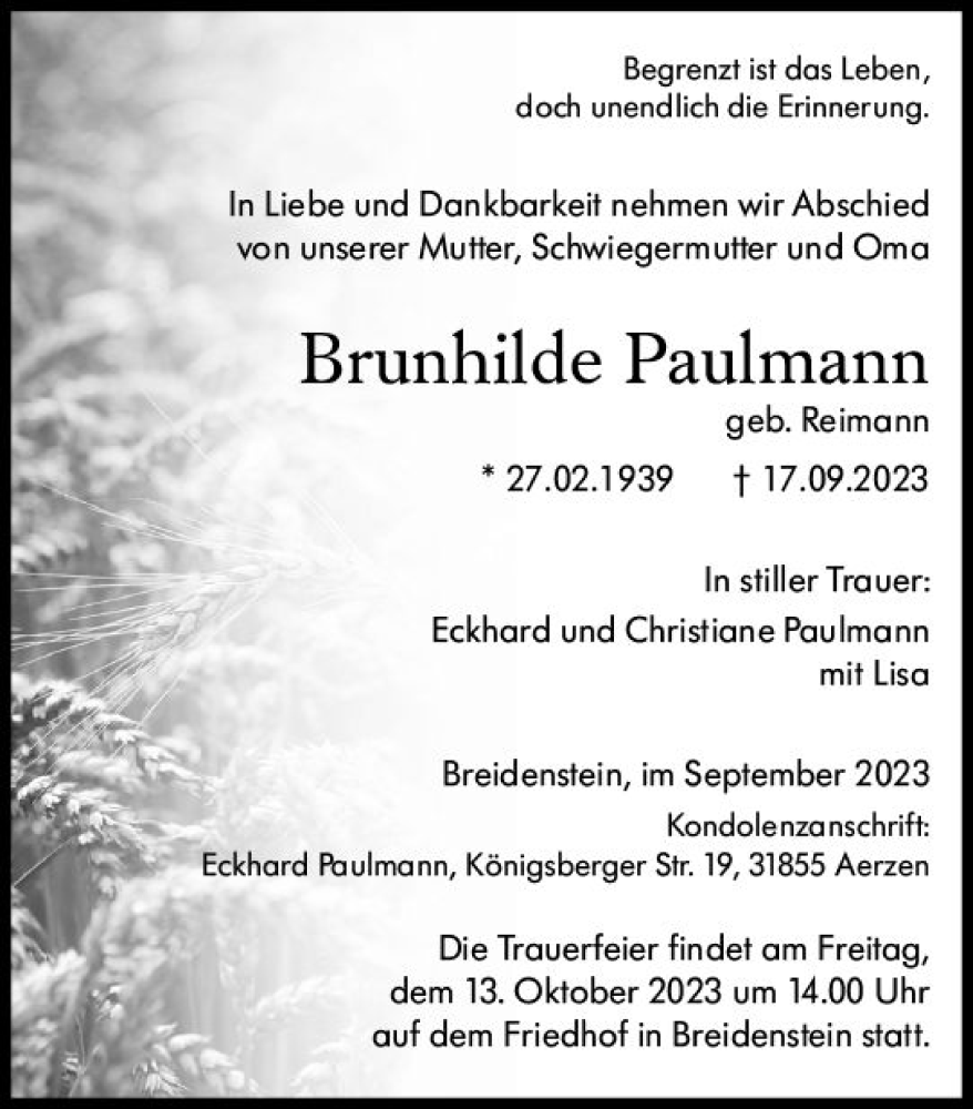  Traueranzeige für Brunhilde Paulmann vom 23.09.2023 aus Hinterländer Anzeiger