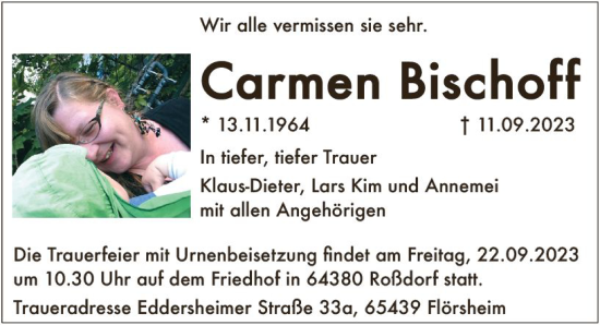 Traueranzeige von Carmen Bischoff von Darmstädter Echo