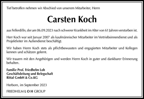 Traueranzeige von Carsten Koch von Dill Block