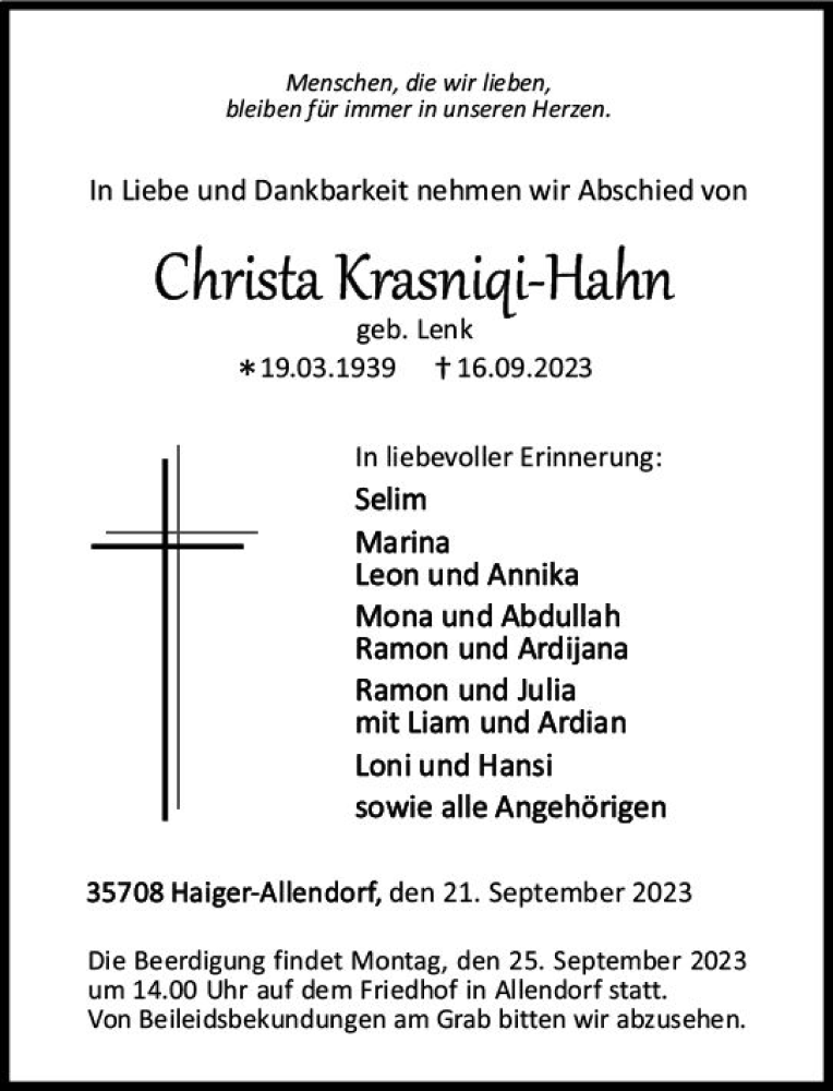  Traueranzeige für Christa Krasniqi-Hahn vom 21.09.2023 aus Dill Block