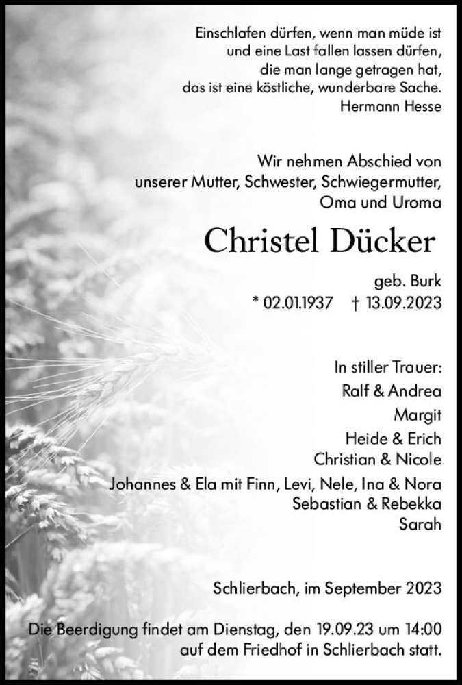  Traueranzeige für Christel Dücker vom 15.09.2023 aus Hinterländer Anzeiger