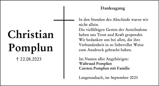 Traueranzeige von Christian Pomplun von Dill Block