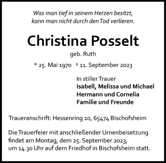Traueranzeige von Christina Posselt von Rüsselsheimer Echo