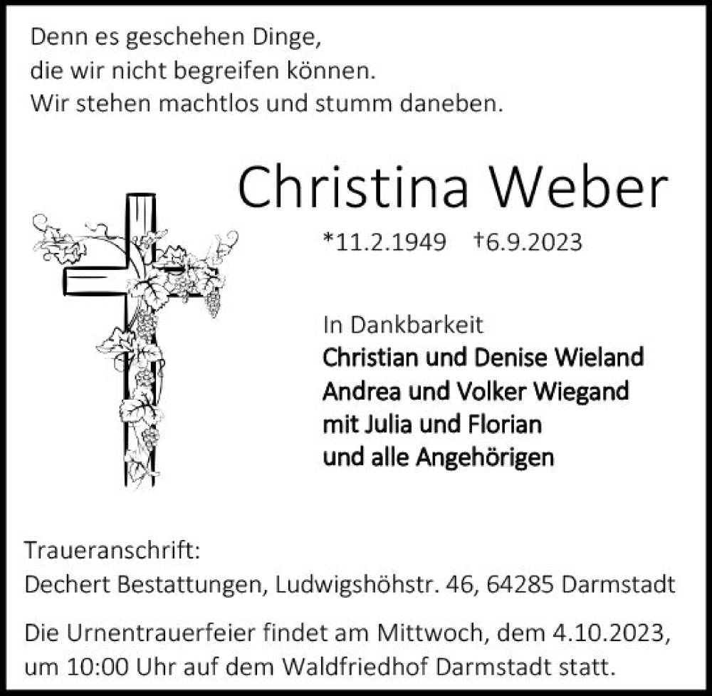  Traueranzeige für Christina Weber vom 23.09.2023 aus Starkenburger Echo