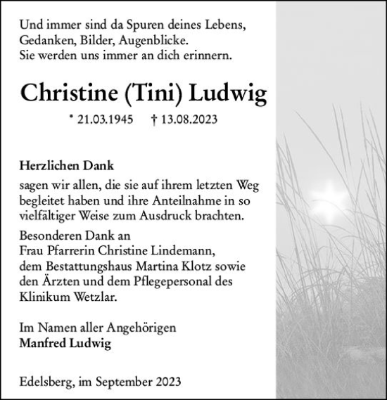 Traueranzeige von Christine Ludwig von Weilburger Tageblatt
