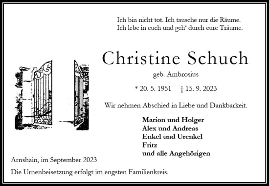 Traueranzeige von Christine Schuch von Oberhessen Kurier