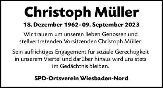 Traueranzeige von Christoph Müller von Wiesbadener Kurier