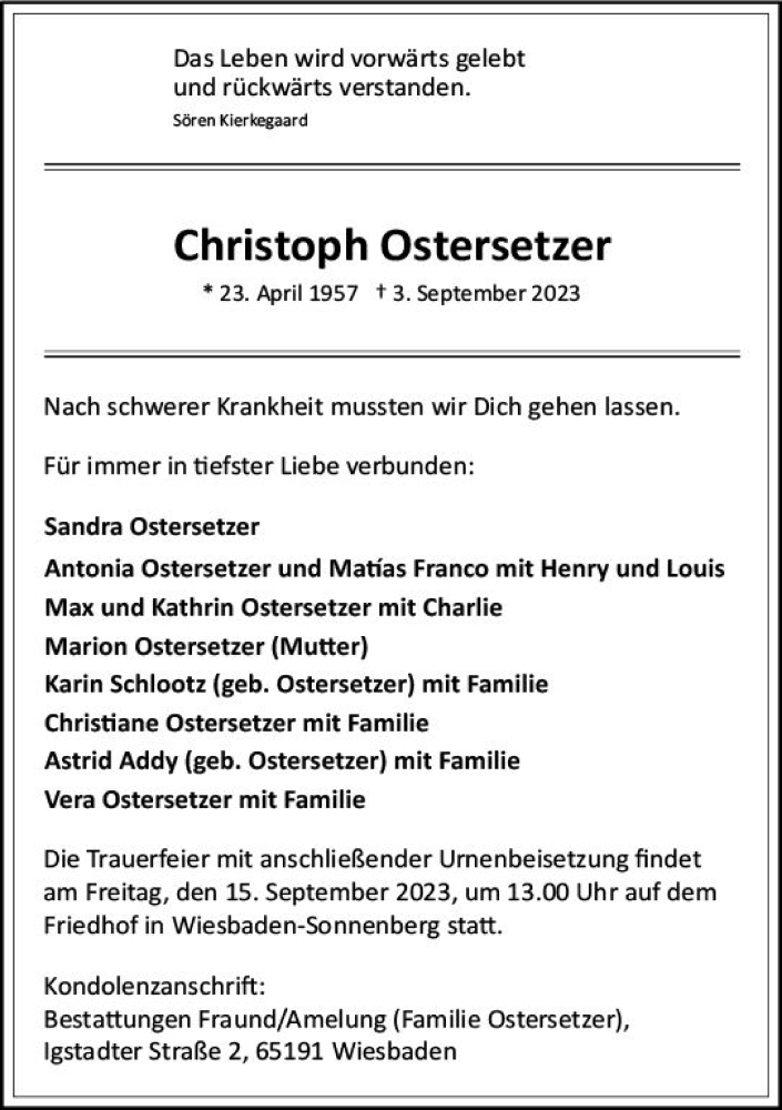  Traueranzeige für Christoph Ostersetzer vom 09.09.2023 aus Wiesbadener Kurier