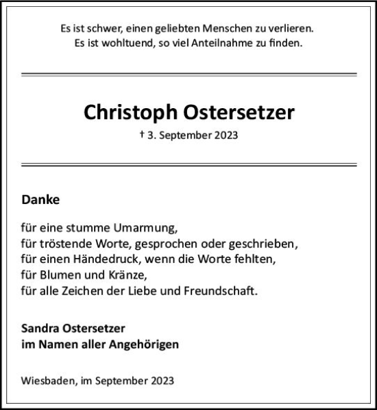 Traueranzeige von Christoph Ostersetzer von Wiesbadener Kurier