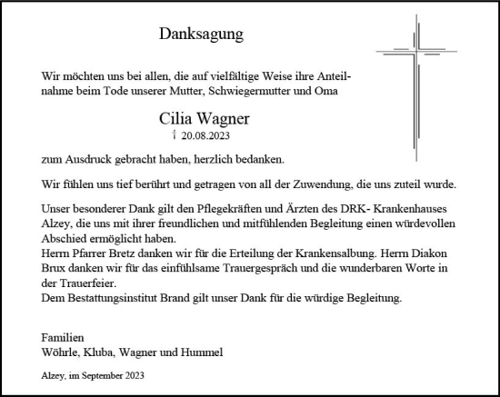 Traueranzeige von Cilia Wagner von Allgemeine Zeitung Alzey
