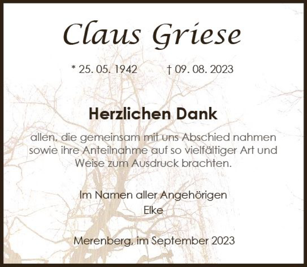  Traueranzeige für Claus Griese vom 02.09.2023 aus Weilburger Tageblatt