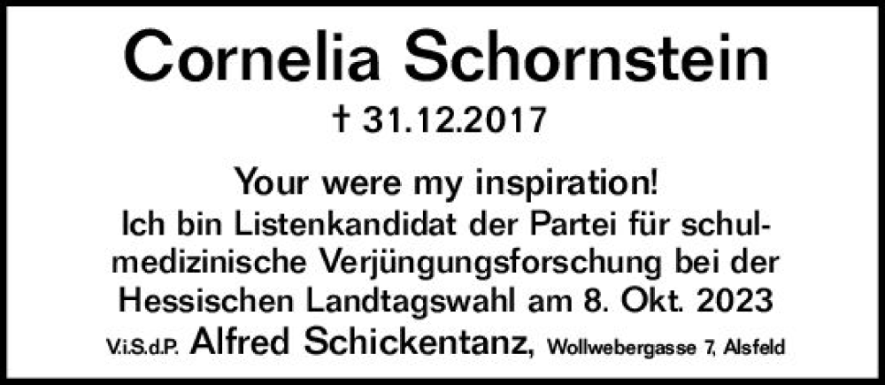  Traueranzeige für Cornelia Schornstein vom 29.09.2023 aus VRM Trauer