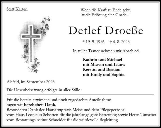 Traueranzeige von Detlef Droeße von Oberhessen Kurier