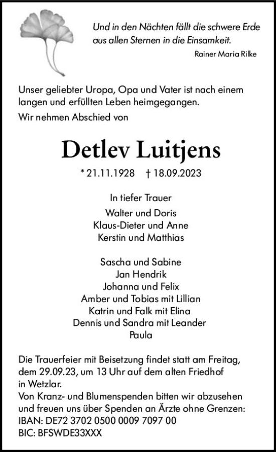 Traueranzeige von Detlev Luitjens von Wetzlarer Neue Zeitung