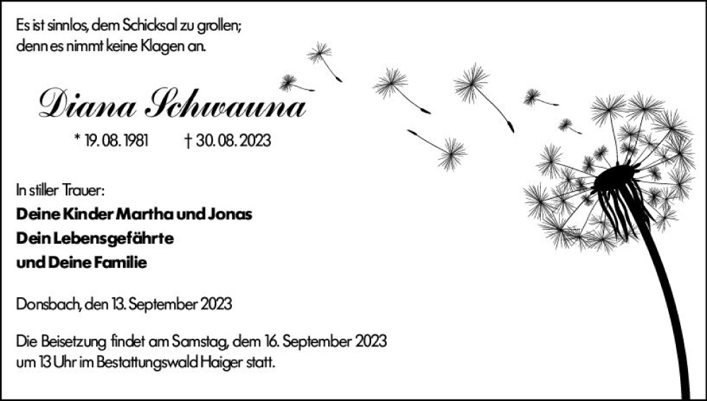  Traueranzeige für Diana Schwauna vom 13.09.2023 aus Dill Block