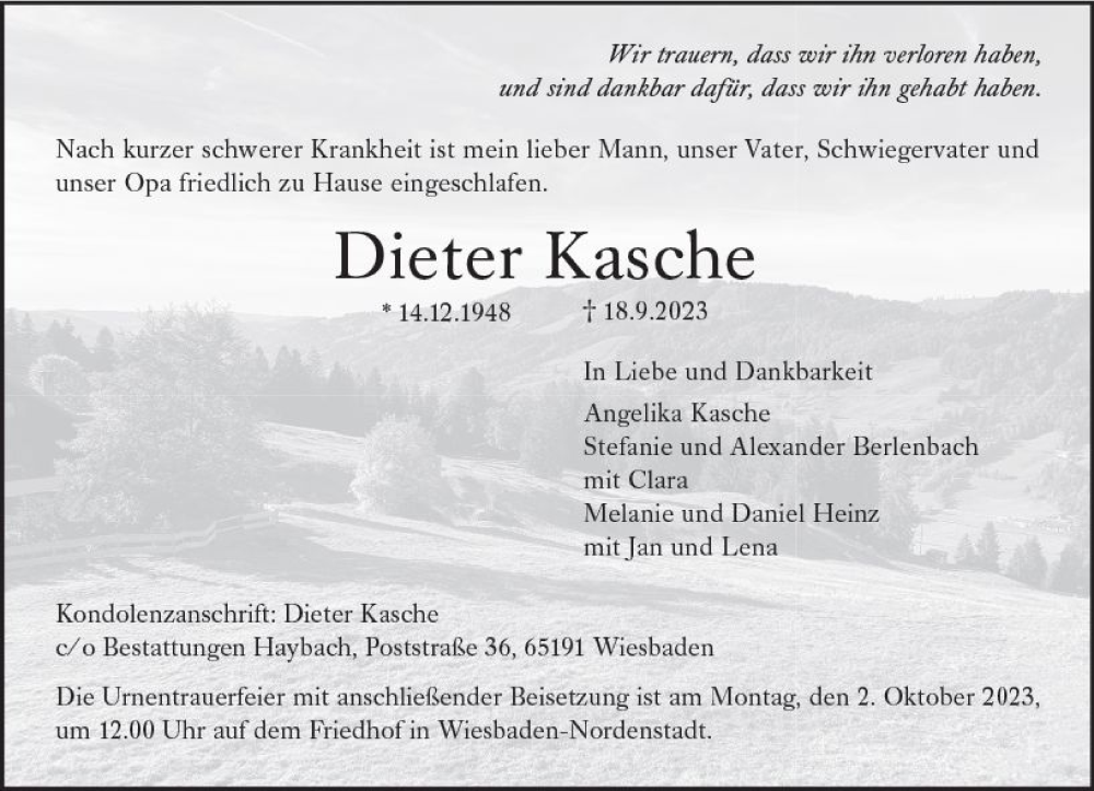  Traueranzeige für Dieter Kasche vom 23.09.2023 aus Wiesbadener Kurier