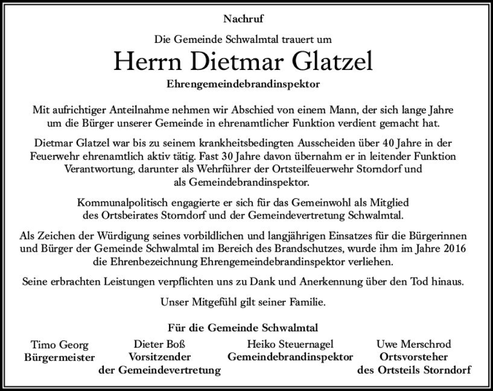  Traueranzeige für Dietmar Glatzel vom 30.09.2023 aus VRM Trauer
