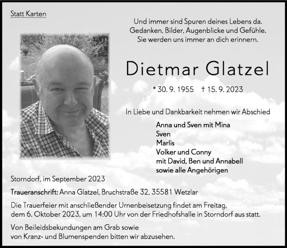  Traueranzeige für Dietmar Glatzel vom 30.09.2023 aus Oberhessen Kurier