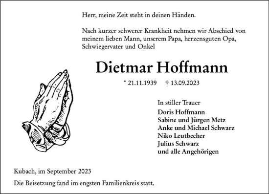 Traueranzeige von Dietmar Hoffmann von Weilburger Tageblatt