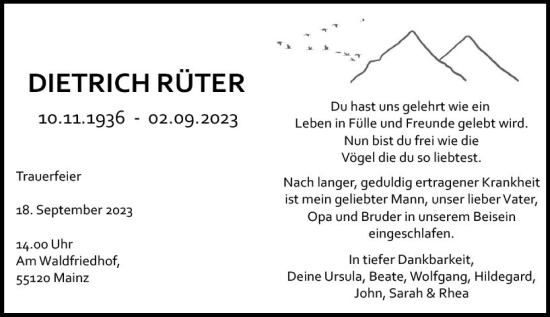 Traueranzeige von Dietrich Rüter von Allgemeine Zeitung Mainz