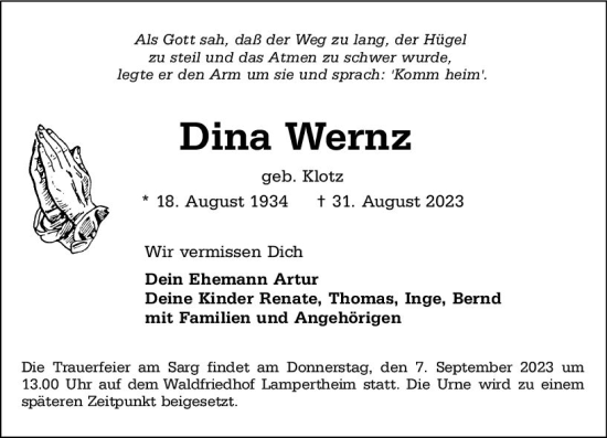 Traueranzeige von Dina Wernz von Starkenburger Echo