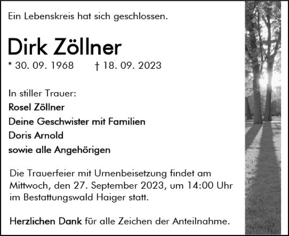  Traueranzeige für Dirk Zöllner vom 26.09.2023 aus Dill Block