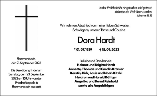 Traueranzeige von Dora Hardt von Dill Block